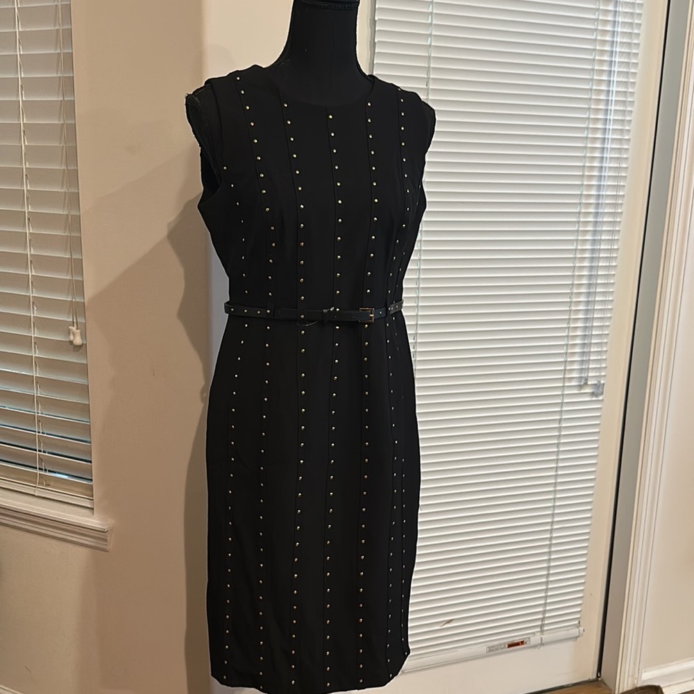 Calvin Klien Black Gold Tone Studded Belted Sleeveless Sheath Dress - New